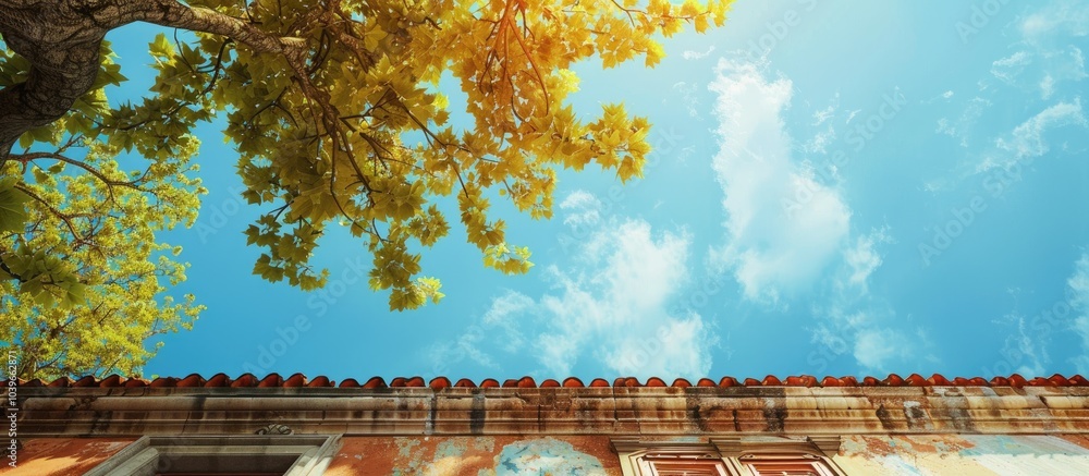 Poster a picturesque scene featuring a blue sky a building and a tree with ample copy space for additional 
