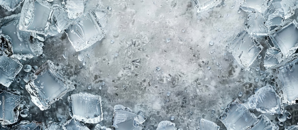 Poster top view of a frame made of crushed ice on a grey background with copy space image available