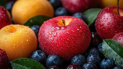 Close up of colorful plums and blueberries with water droplets Generative AI
