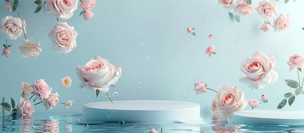 Poster flat lay with a stunning display of rose flowers and a round podium floating in water against a ligh