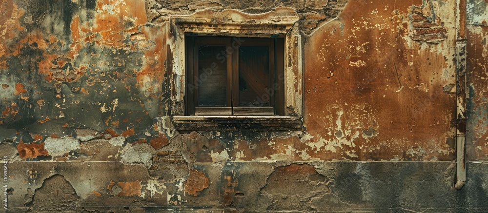 Poster an aged photograph in a frame depicting a weathered stained wall illustrating the passage of time an