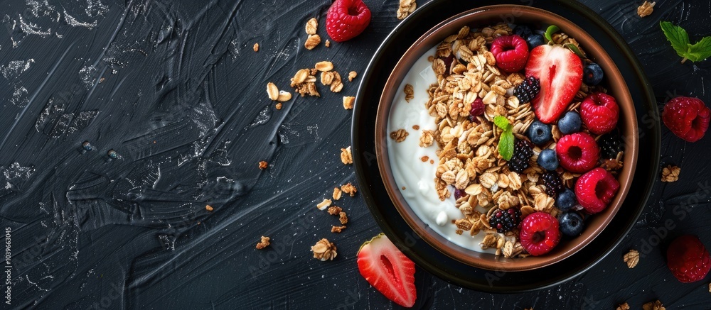 Poster top view of a delicious bowl of granola with berries and yogurt on a textured dark table offering sp