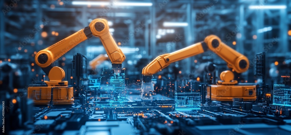 Poster robotic arms working on a circuit board with a futuristic cityscape in the background.