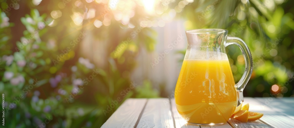 Poster a clear glass jug of freshly squeezed orange juice placed on a white wooden table outside with room 