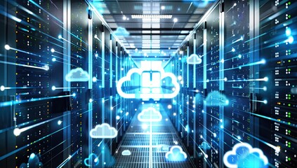 Server room filled with servers and floating clouds