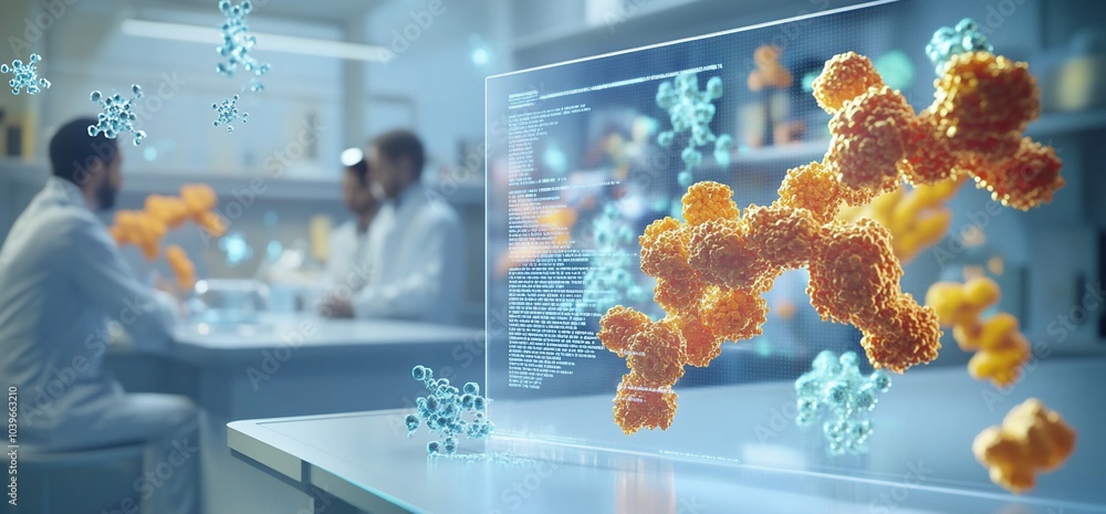 Poster Scientists examining a 3D model of a molecule in a laboratory.