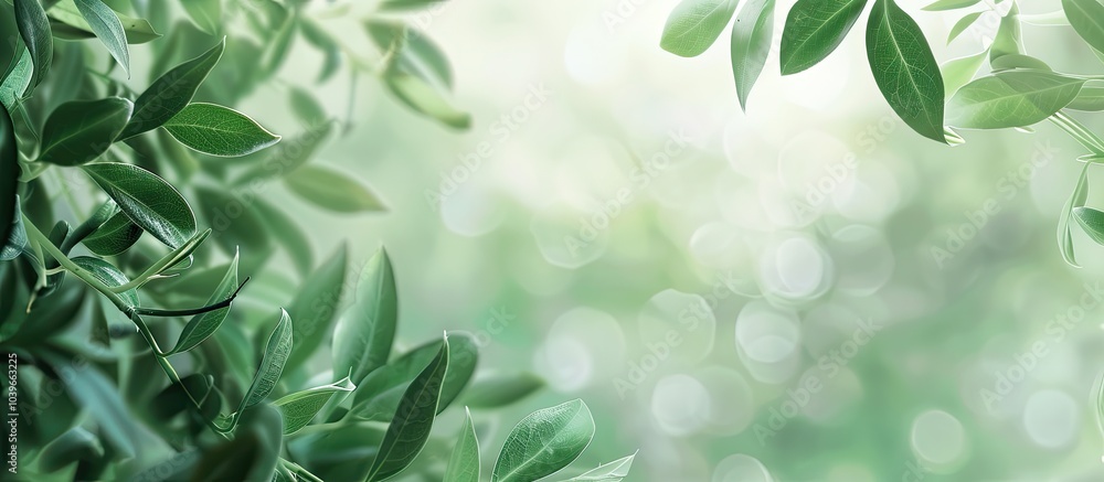 Poster soft focused green leaves background with selective focus providing ample copy space image