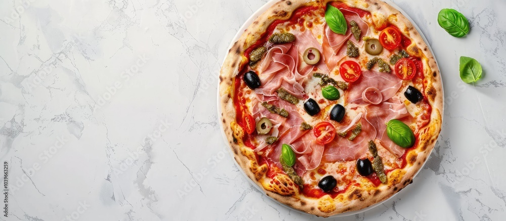 Poster top down view of a delicious pizza garnished with ham olives tomatoes and basil on a white marble su