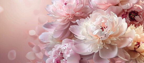 Pink and white peonies on a light background create a stunning image with plenty of copy space