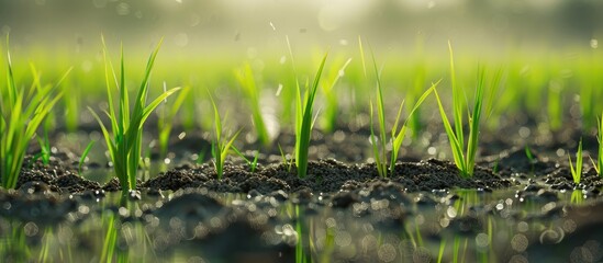 Fototapeta premium Fields are seeded with young rice poised to sprout and mature into harvestable grain creating an ideal copy space image