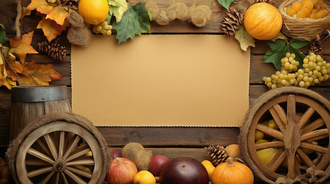 Autumn Harvest Thanksgiving Background with Wooden Wheel Pumpkins Grapes and Copy Space