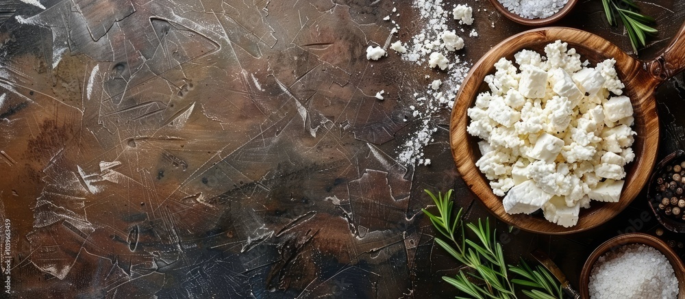 Poster rustic top view of a spread with soft cow goat or sheep cheese creating a natural fresh appetizer or