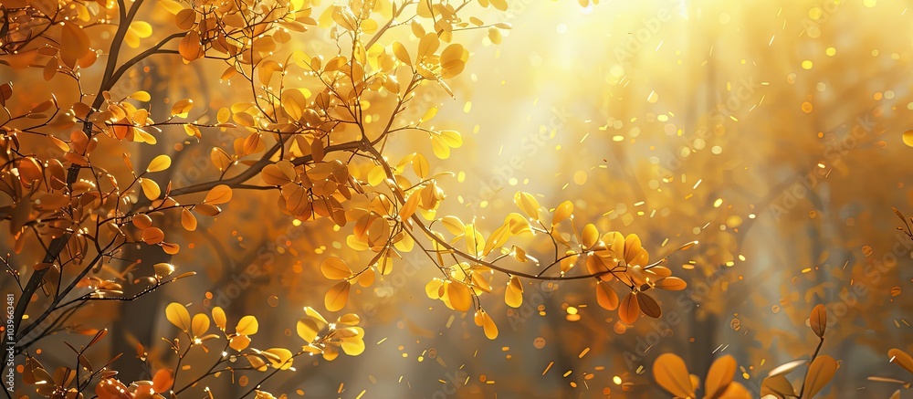 Poster forest in golden autumn featuring branches with yellow leaves creating a natural backdrop perfect fo