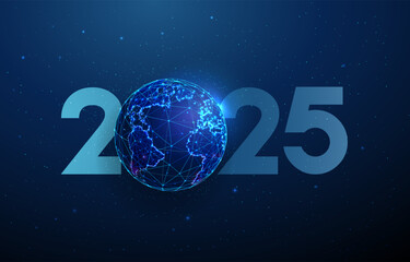 Fototapeta premium Abstract Happy 2025 New Year greeting card with planet. Low poly style design. Abstract geometric background
