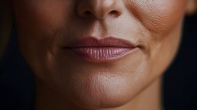 Detailed comparison of a woman's facial lines around her mouth, showing wrinkle reduction post-Botox, clear skin texture, High-Resolution, Realistic Style