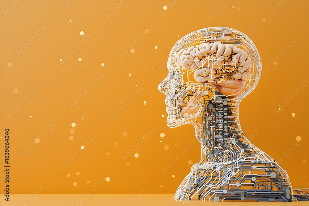 Poster futuristic digital brain with glowing neural networks and circuits on orange background