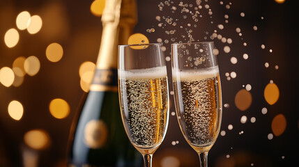 A close-up of champagne glasses clinking together, with bubbles rising as a bottle pops in the background, celebrating in style