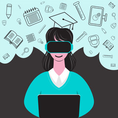 Abstract girl sitting at a laptop in VR glasses, surrounded by education-related icons. Concept of education using modern technologies and virtual reality. Futuristic learning experience.