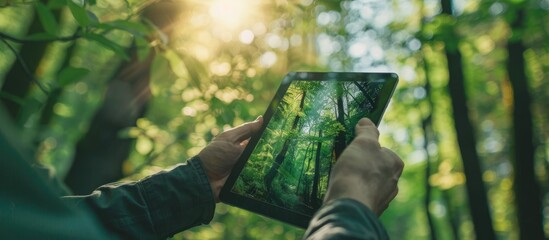 Researchers analyzing forests on a tablet PC with a copy space image