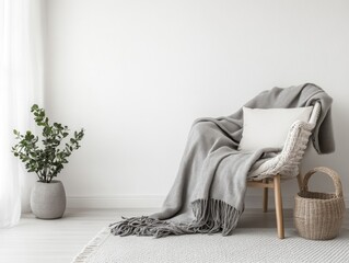 Relaxing study room with white walls and soft gray textiles