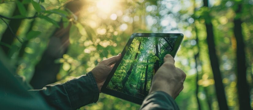 Researchers analyzing forests on a tablet PC with a copy space image