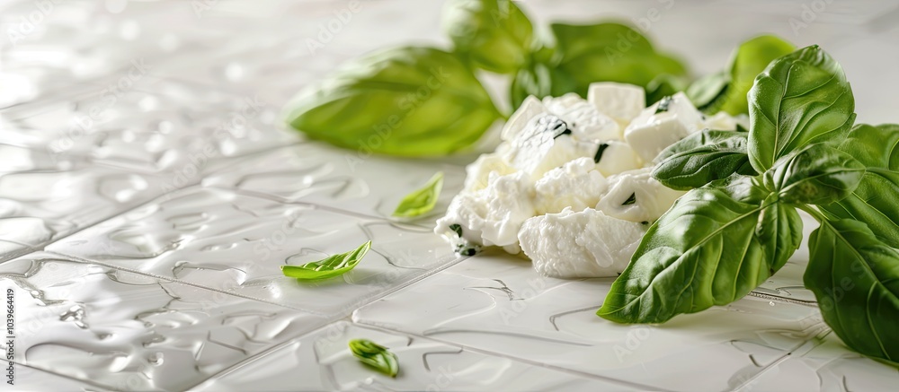 Poster close up of fresh ricotta and basil arranged on a white tiled surface with room for text in the imag