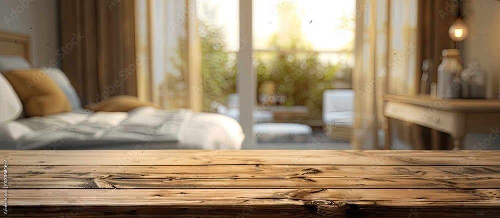 Poster wooden table with blurred bedroom setting in the background providing ample copy space for advertisi