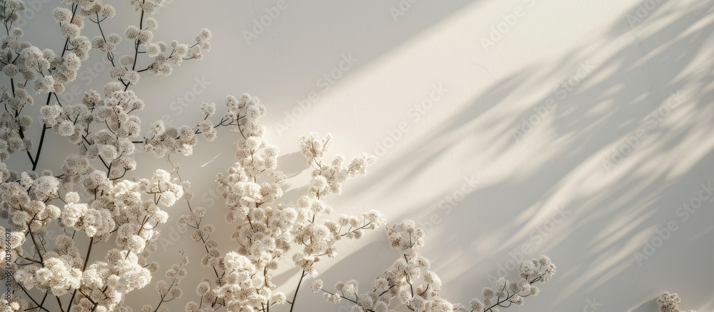 Aufkleber blooming trees with small white flowers against a white wall background serve as a backdrop for text