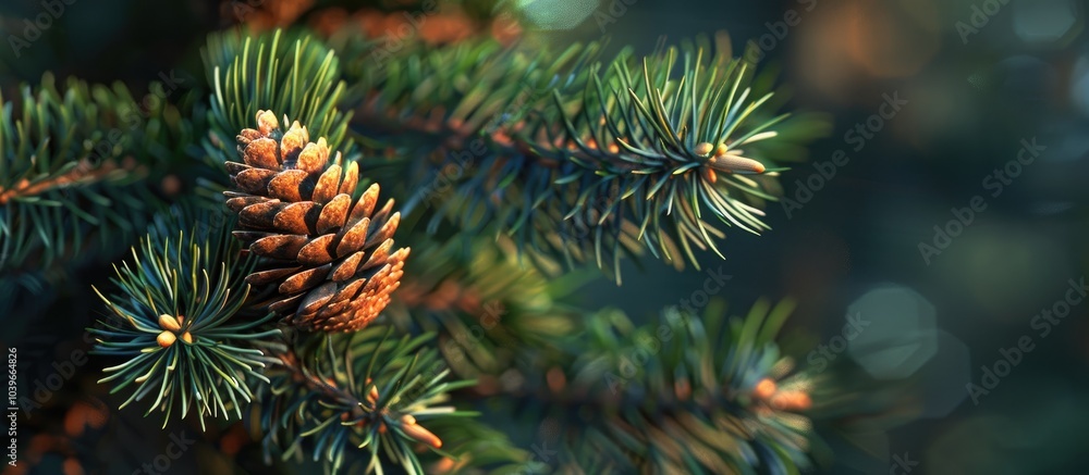 Poster a pine tree with a developing pine cone showcasing a copy space image