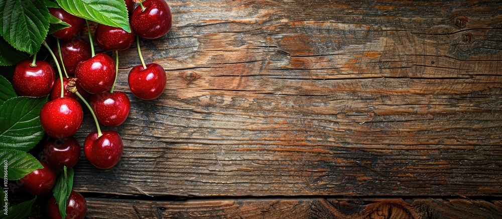 Poster fresh ripe cherries with leaves on a textured wooden background creating a copy space image for a ve