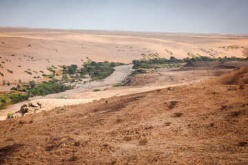 Stunning view of Iona National Park\'s vast desert landscape with lush vegetation in the valley during daytime