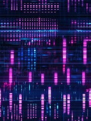 Neon music visualizer seamless pattern, pulsating light bars and waveforms