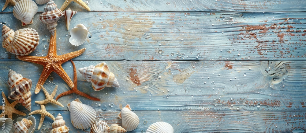 Poster table background with sea shells and starfish perfect for a summer theme featuring ample copy space 