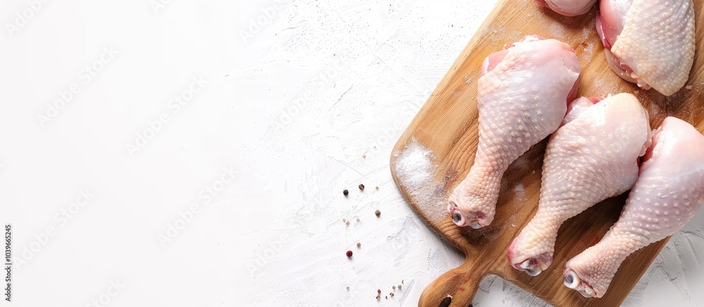 Poster raw chicken drumsticks on a butcher board with copy space image on a white background captured from 