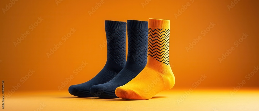 Wall mural Pair of Socks with Chevron Pattern on Yellow Background.