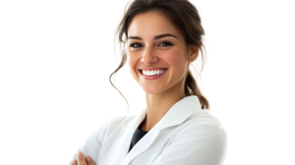 Smiling female dentist looking at camera. Isolated from the white background.