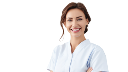 Smiling female dentist looking at camera. Isolated from the white background.