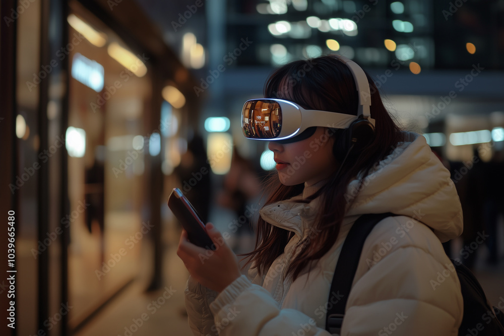Poster people enjoying augmented reality experiences in public spaces with ai support. a woman is wearing a