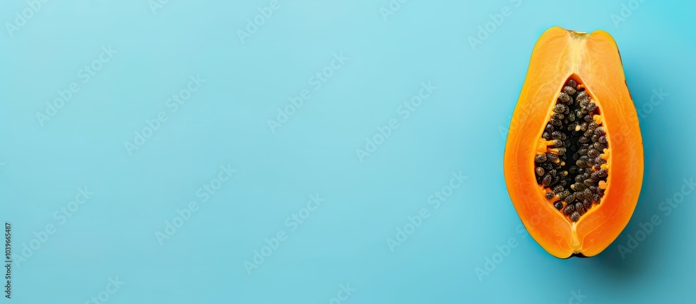 Poster top view of a papaya on a blue background with space for text or image integration. with copyspace i