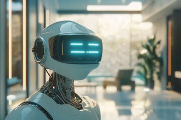 Advanced medical diagnostics being performed by AI-assisted robots in a futuristic hospital.A robot, equipped with a virtual reality headset,