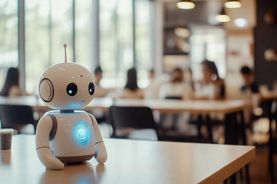 Innovative AI solutions for personalized education and skill development in a classroom setting.A tiny robot is currently sitting on a small table