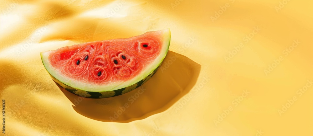 Poster watermelon slice on a yellow backdrop with copy space image