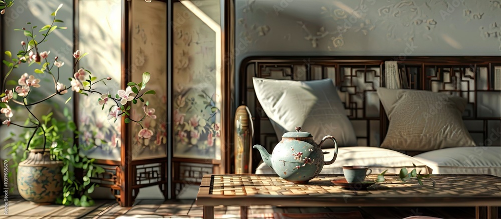 Poster indoor setting with a teapot and cup on a table along with a sofa and folding screen offering a plac