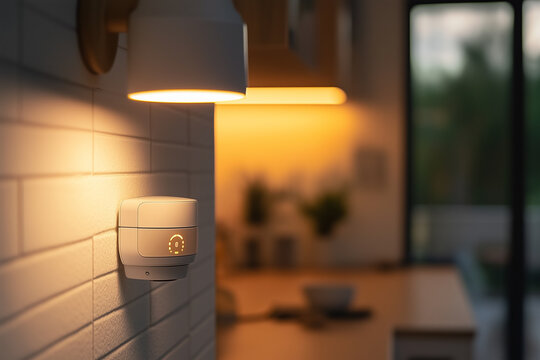 Smart home systems managing daily routines and energy use in a modern house.A bright light is shining brightly on a brick wall located in a kitchen