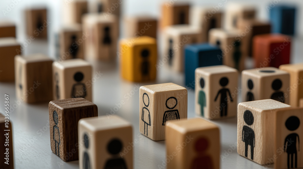 Poster a mix of wooden blocks with different human icons arranged on a light grey surface, showing the dive
