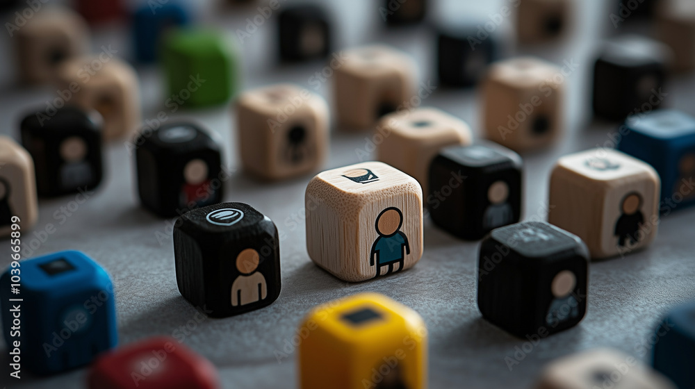 Poster a mix of wooden blocks with different human icons arranged on a light grey surface, showing the dive