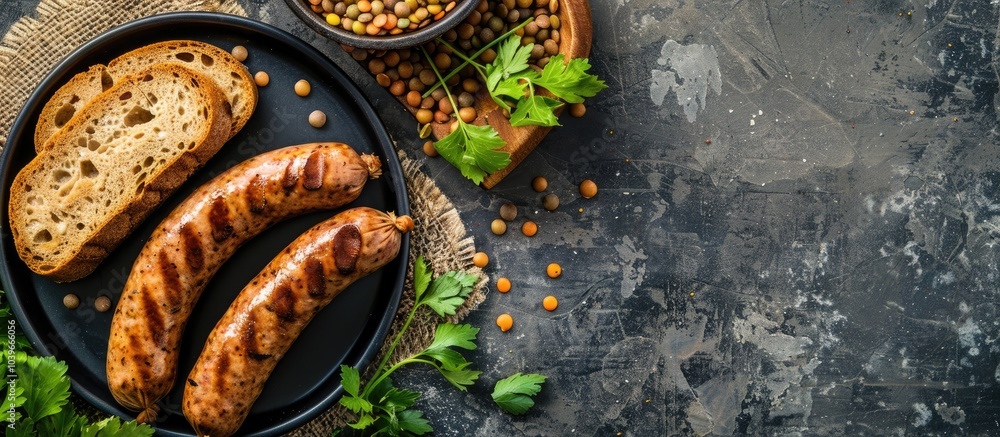 Poster a rustic top view image of lentils with sausages on a table creates a fresh appetizing snack providi