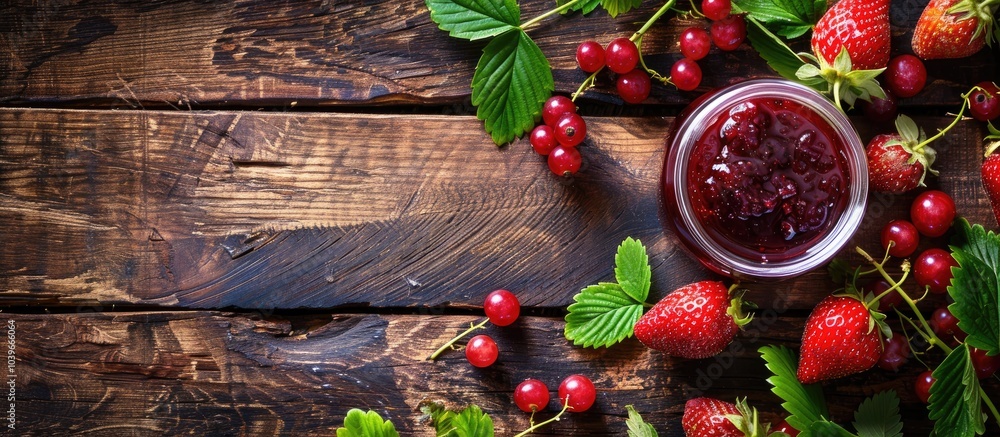 Poster an old brown table adorned with strawberry jam fresh berries and leaves provides a rustic setting fo