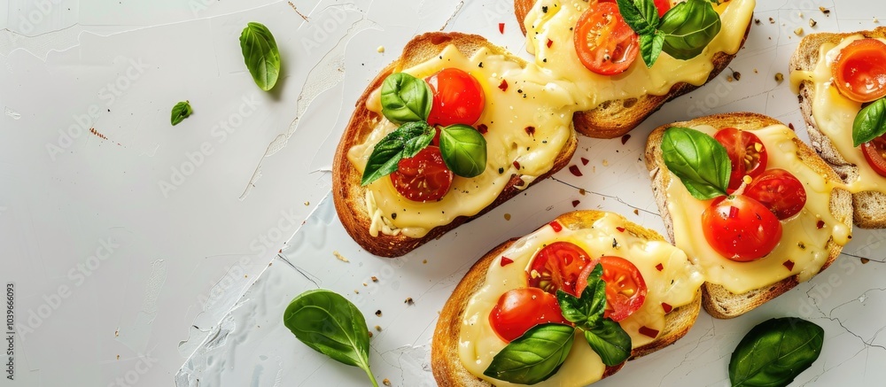 Poster top down view of melted cheese tomatoes and basil on toast set on a white tile surface with copy spa
