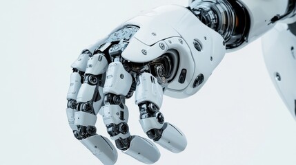 A close-up of a humanoid robot’s elbow joint with detailed gears and hydraulic components, clean background emphasizing the joint’s functionality and design, High-tech style